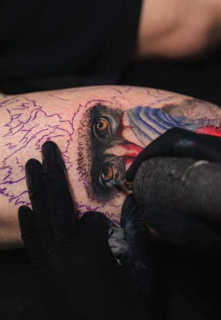 Betz Osuna realizando tatuaje de realismo animal a color